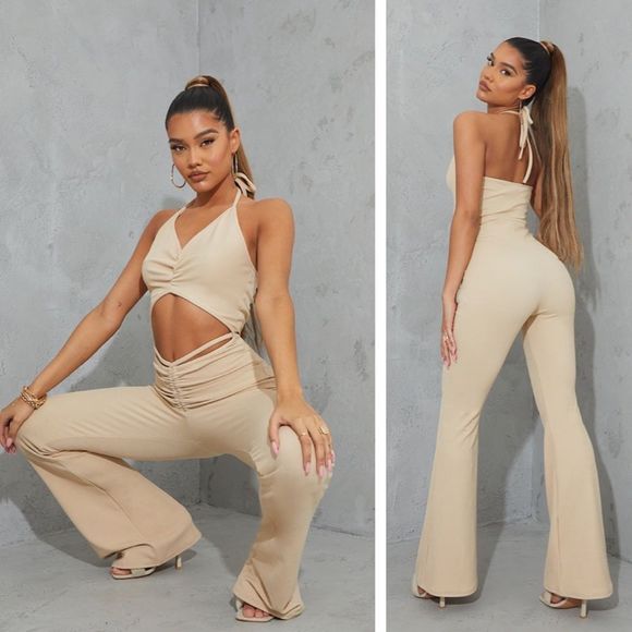 PrettyLittleThing Pants - NEW PrettyLittleThing Stone Ruched Cut Out Strap Detail Jumpsuit